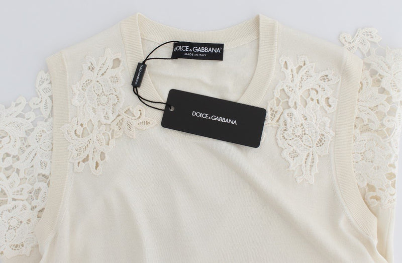 White Silk Ricamo Crewneck Top