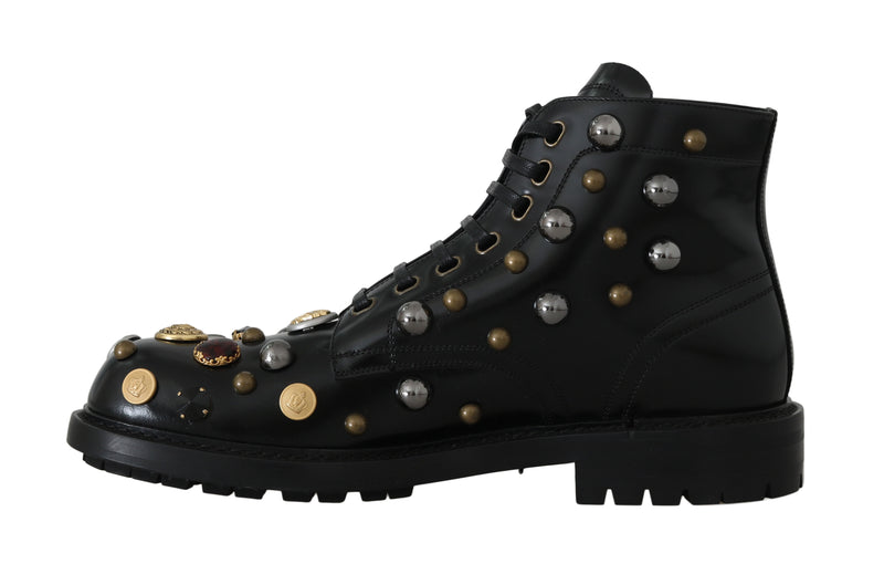 Black Leather Pearl Studs Logo Boots