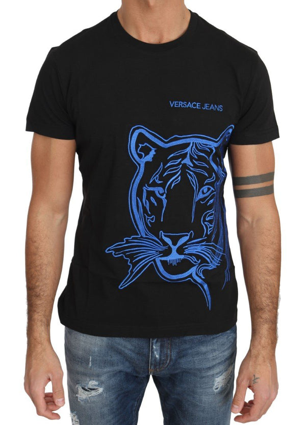 Black Cotton Blue Tiger Embroidery Crewneck  T-shirt