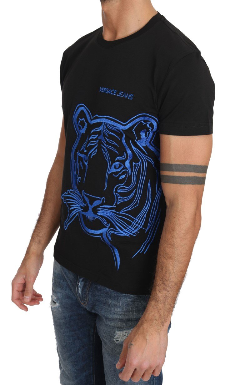 Black Cotton Blue Tiger Embroidery Crewneck  T-shirt