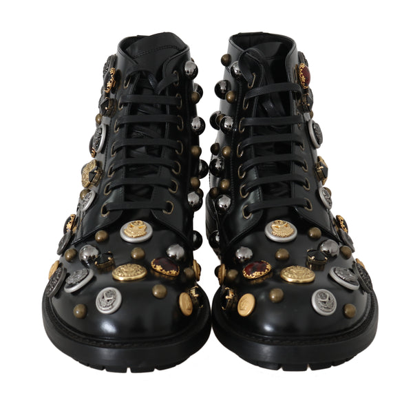 Black Leather Pearl Studs Logo Boots