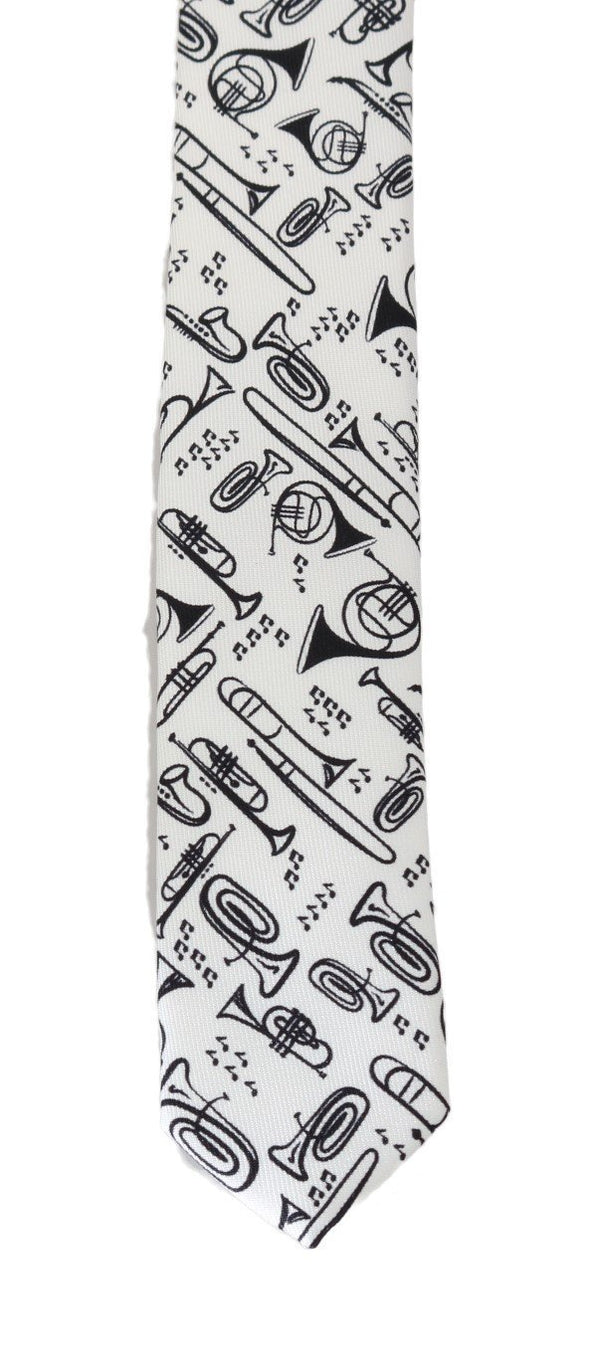 White Black Silk Music Print Slim Tie