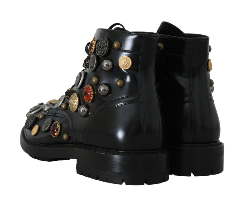 Black Leather Pearl Studs Logo Boots