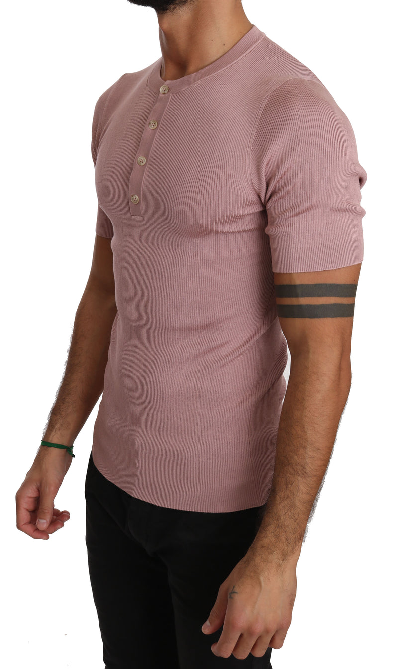Pink 100% Silk Henley Top T-shirt