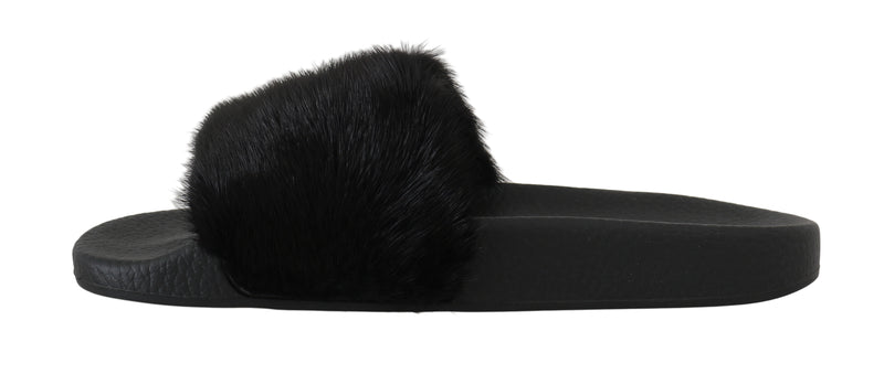 Black Mink Fur Flip Flop Flat Slides