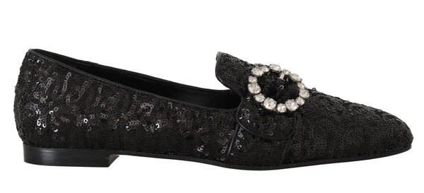 Black Sequined Flats Crystal Loafers Shoes