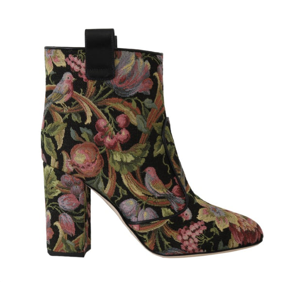 Brown Jacquard Floral Ankle Boots