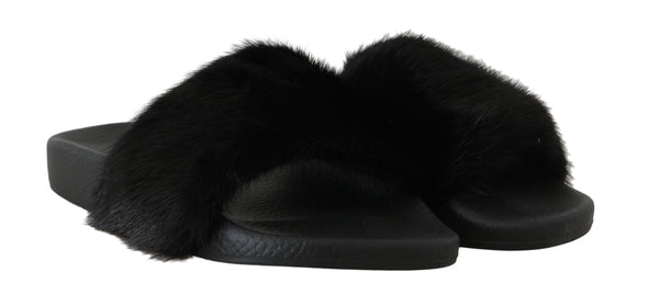 Black Mink Fur Flip Flop Flat Slides