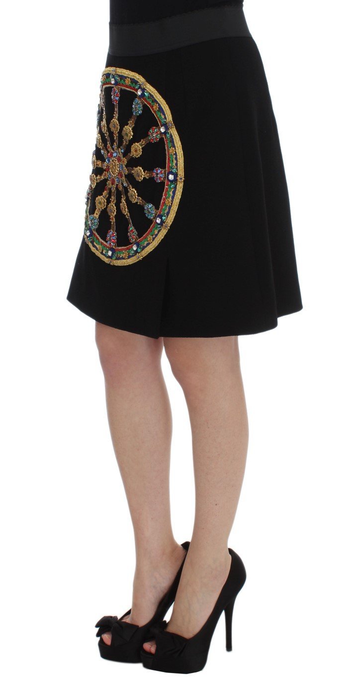 Black Wool Carretto Crystal A-Line Skirt