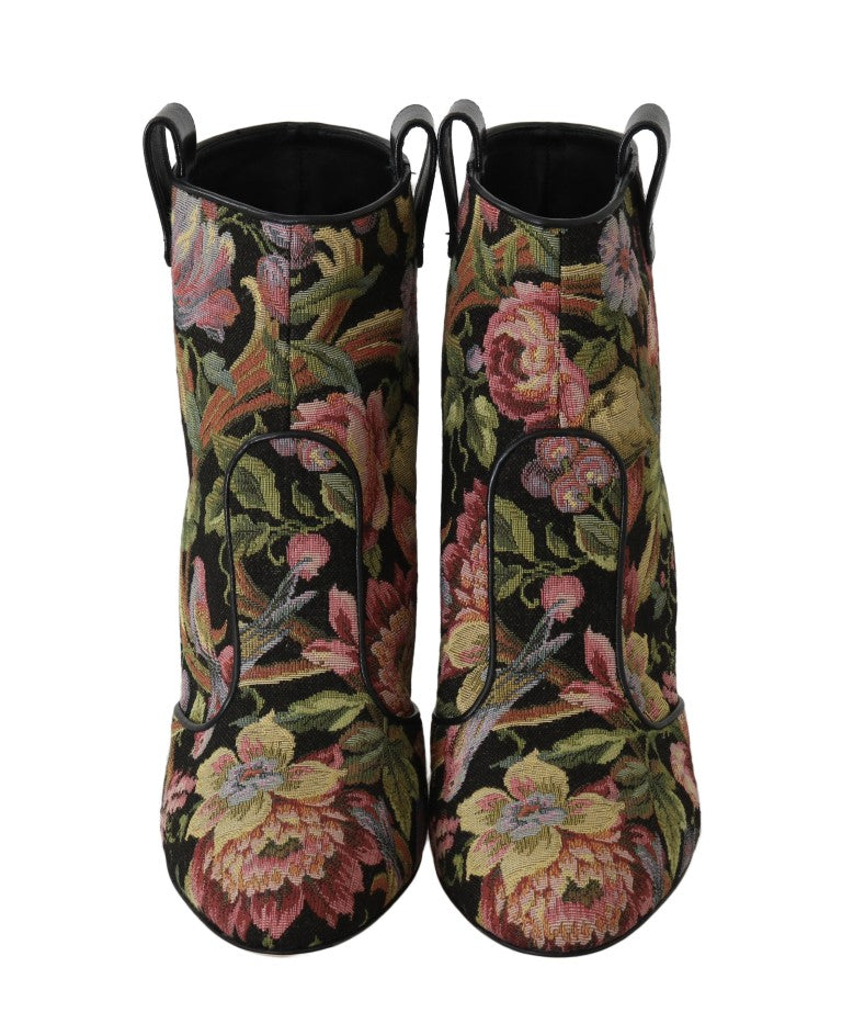 Brown Jacquard Floral Ankle Boots
