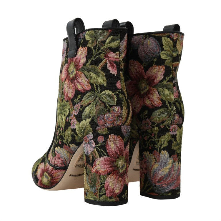 Brown Jacquard Floral Ankle Boots