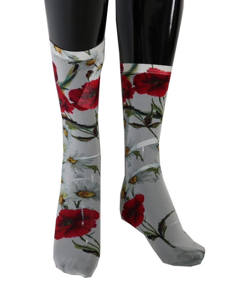 White Floral Red Roses Nylon Socks