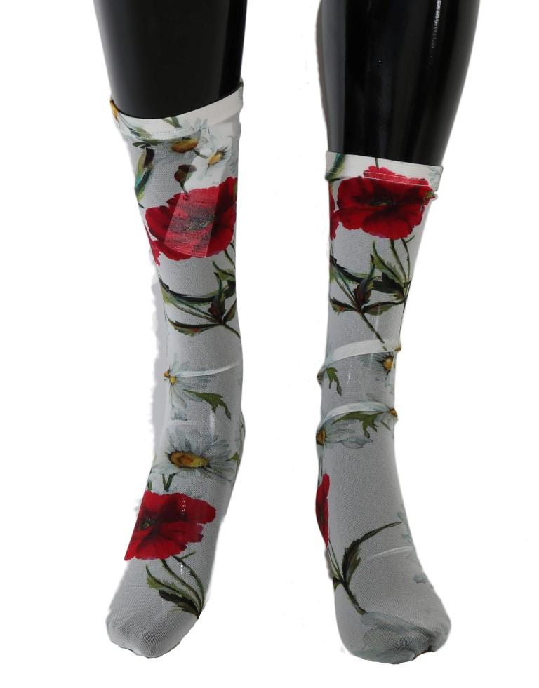 White Floral Red Roses Nylon Socks