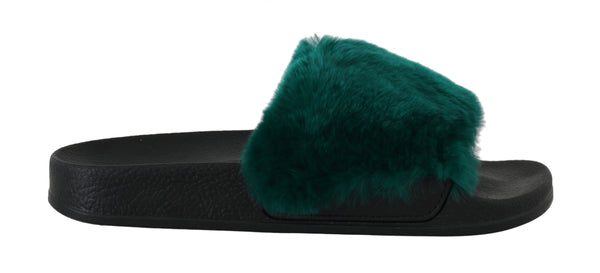 Green Mink Fur Flip Flop Flat Slides