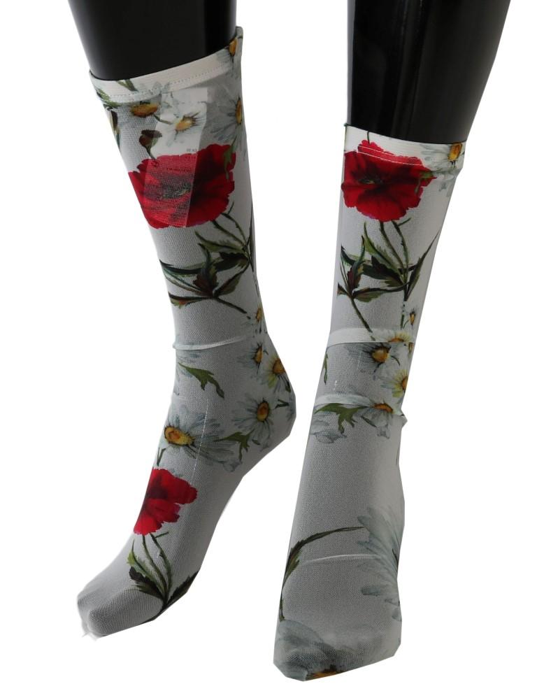 White Floral Red Roses Nylon Socks