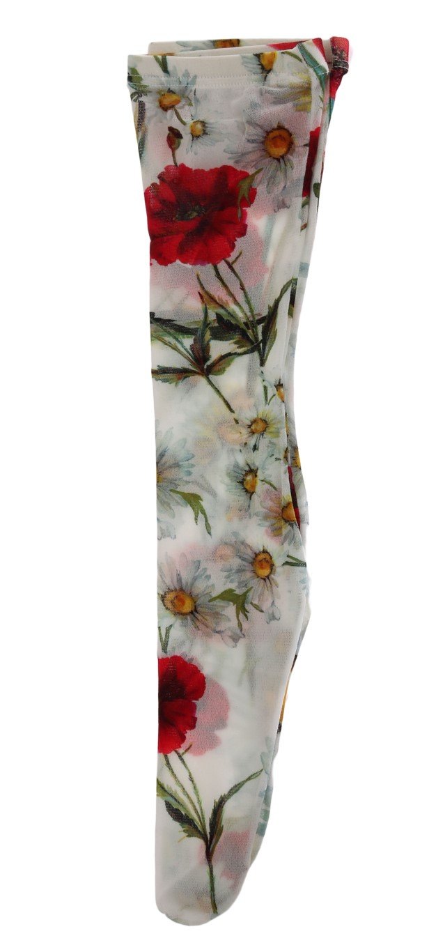 White Floral Red Roses Nylon Socks