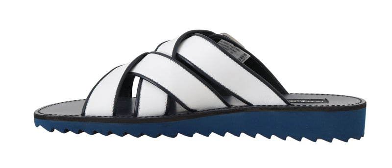 White Blue Leather Slides Sandals