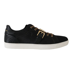 Black Leather Gold Buckle Sneakers Shoes