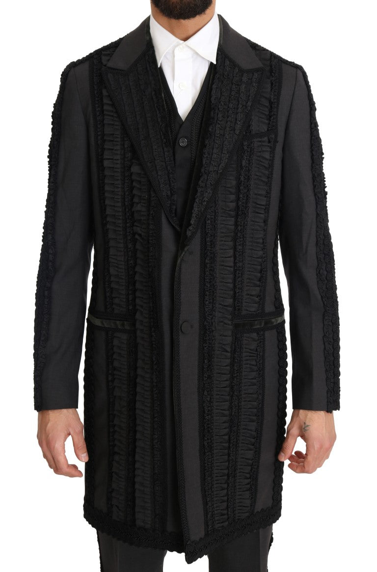 Black Wool Silk Torero Long 3 Piece Suit
