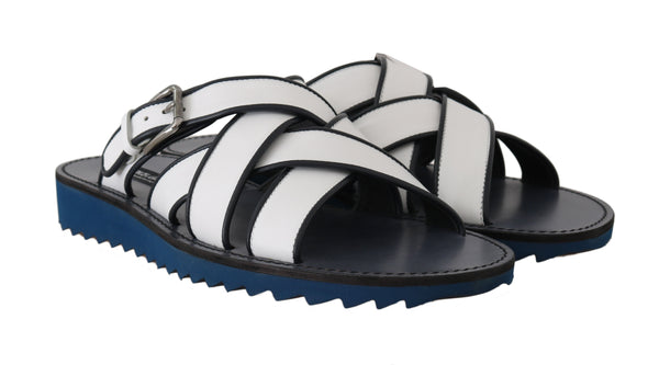 White Blue Leather Slides Sandals