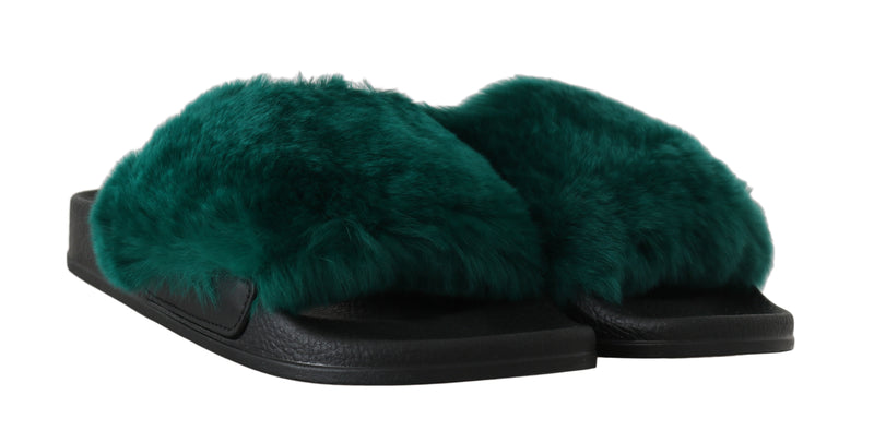Green Mink Fur Flip Flop Flat Slides