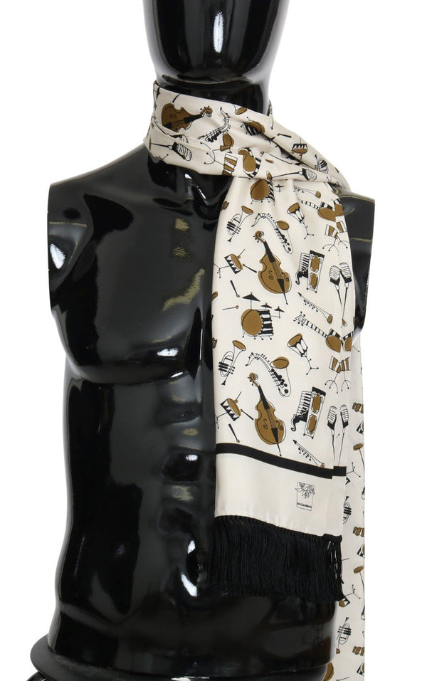 Beige Silk Gold Music Print Scarf