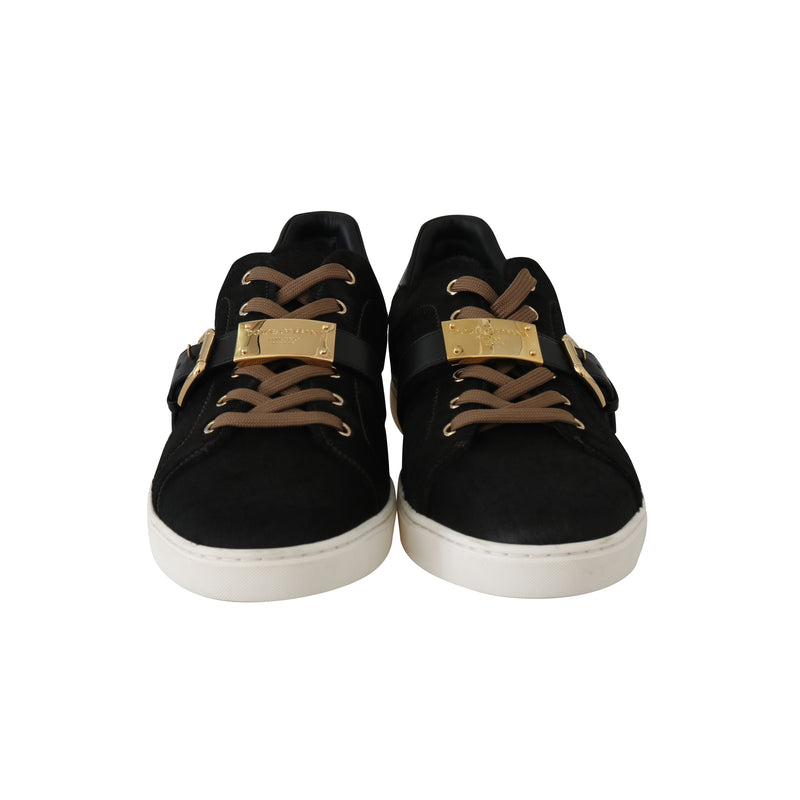 Black Leather Gold Buckle Sneakers Shoes