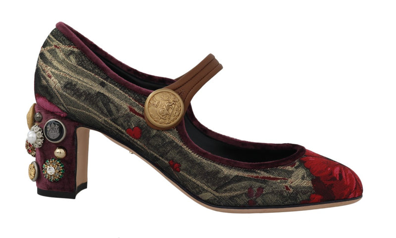 Gold Red Jacquard Crystal Mary Janes Shoes