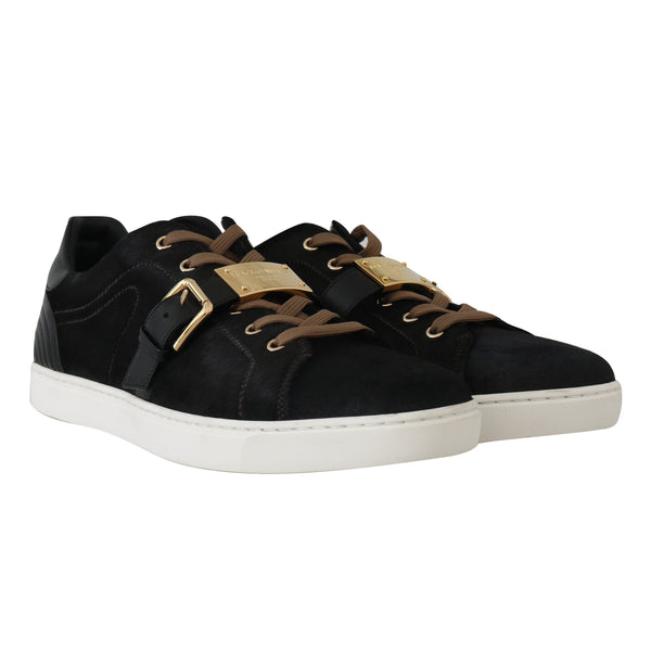 Black Leather Gold Buckle Sneakers Shoes