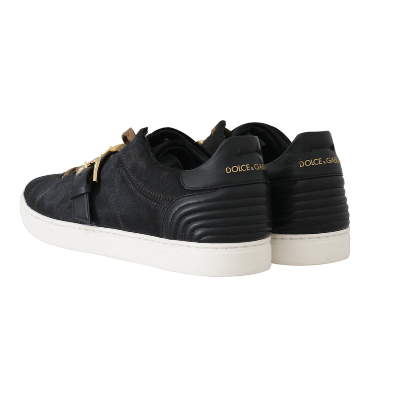 Black Leather Gold Buckle Sneakers Shoes