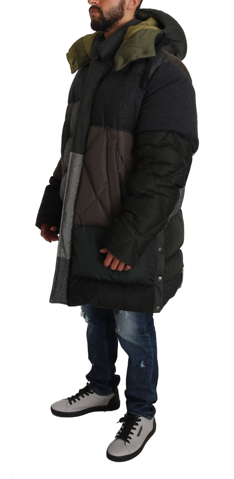 Gray Brown Wool Patterned Puffer Hooded Coat