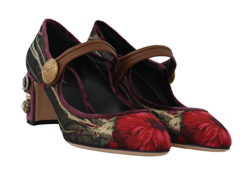 Gold Red Jacquard Crystal Mary Janes Shoes