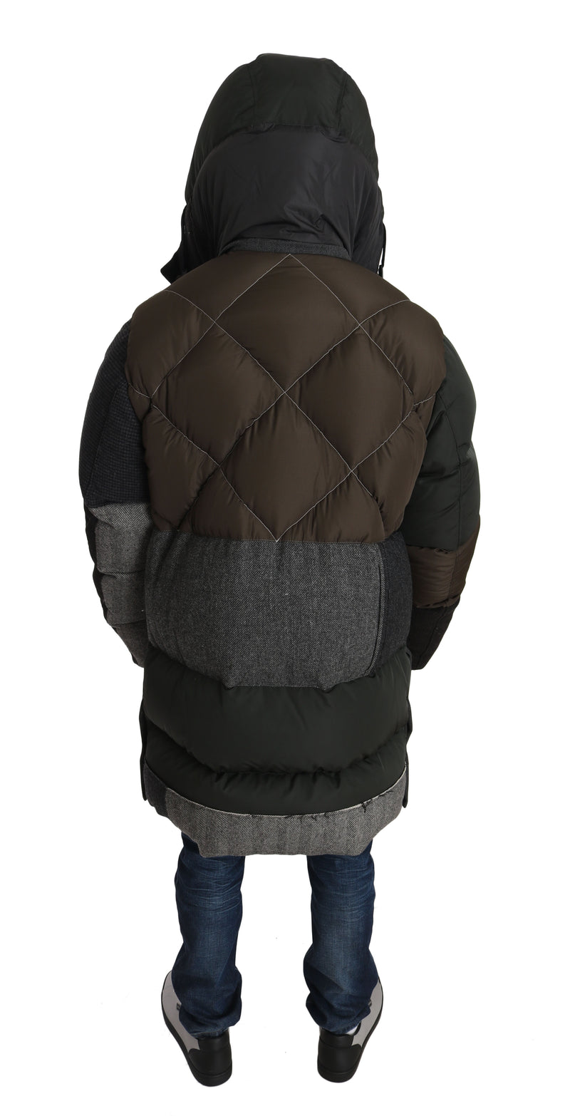Gray Brown Wool Patterned Puffer Hooded Coat