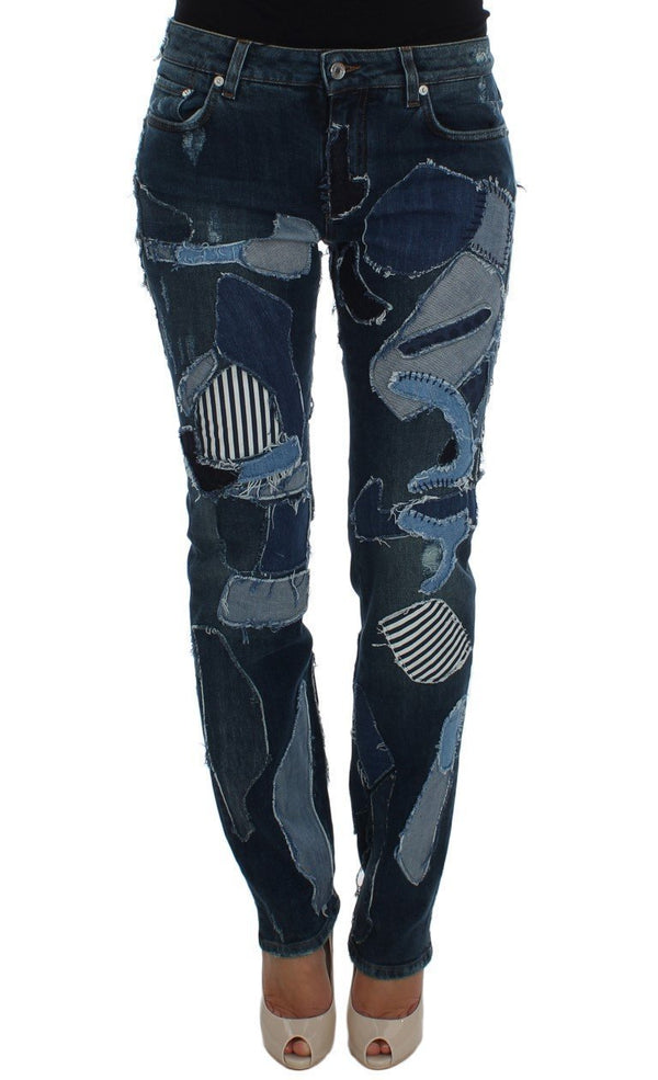 Blue Cotton Stretch Patchwork Denim Jeans