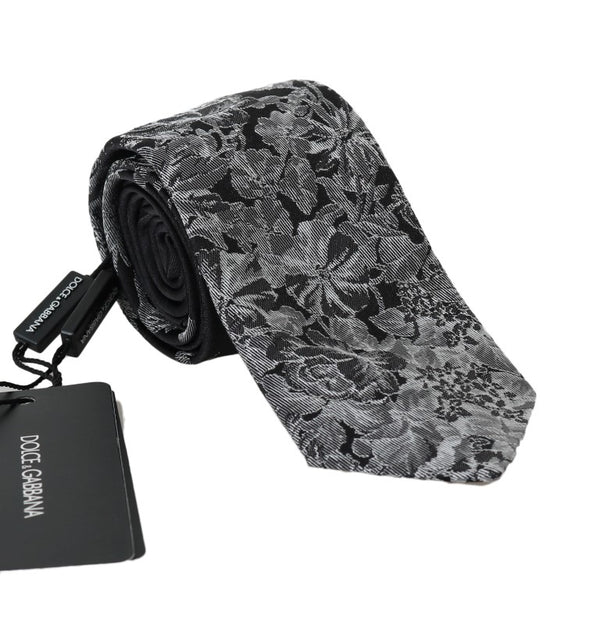 Gray Silk Floral Graphic Print Tie