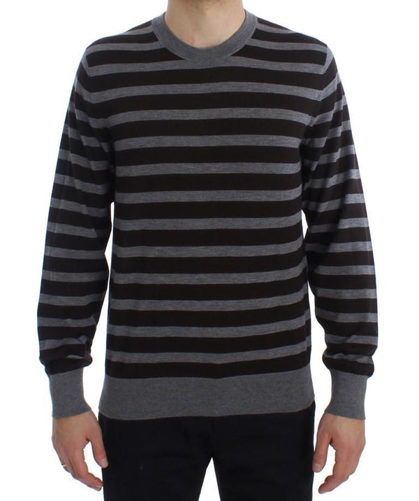 Brown Gray Striped Cashmere Pullover Sweater
