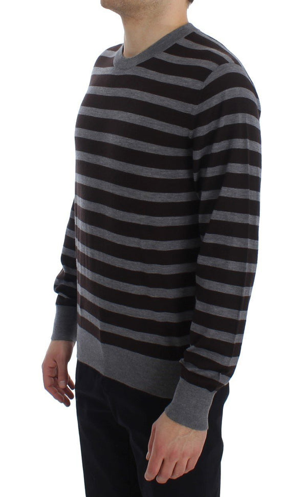 Brown Gray Striped Cashmere Pullover Sweater
