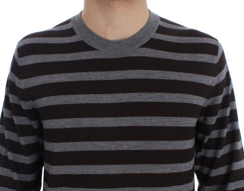 Brown Gray Striped Cashmere Pullover Sweater