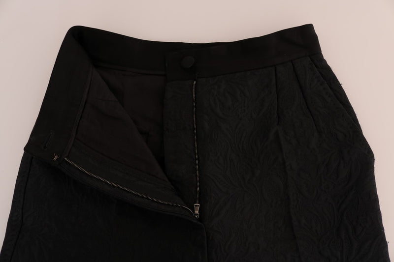 Black Wool Brocade Floral Pattern Pants