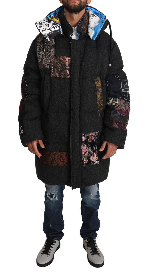 Gray Wool Floral Brocade Royal King Puffer Coat