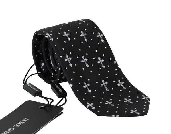 Black Silk White Cross Print Tie
