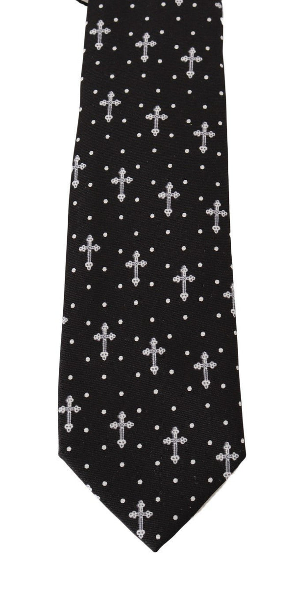 Black Silk White Cross Print Tie