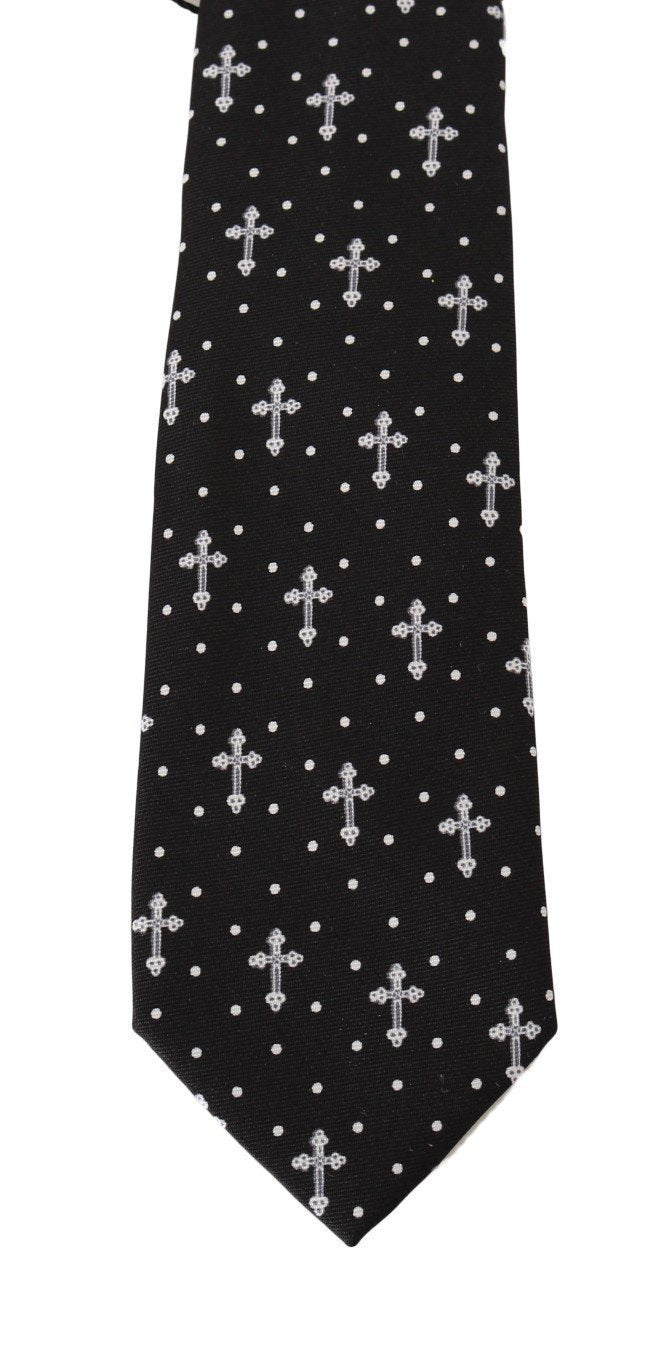 Black Silk White Cross Print Tie