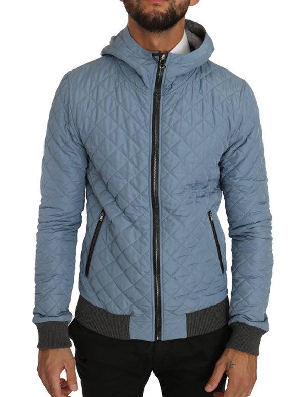 Light Blue Quilted Logo Fashion Bomber Hooded Jacket