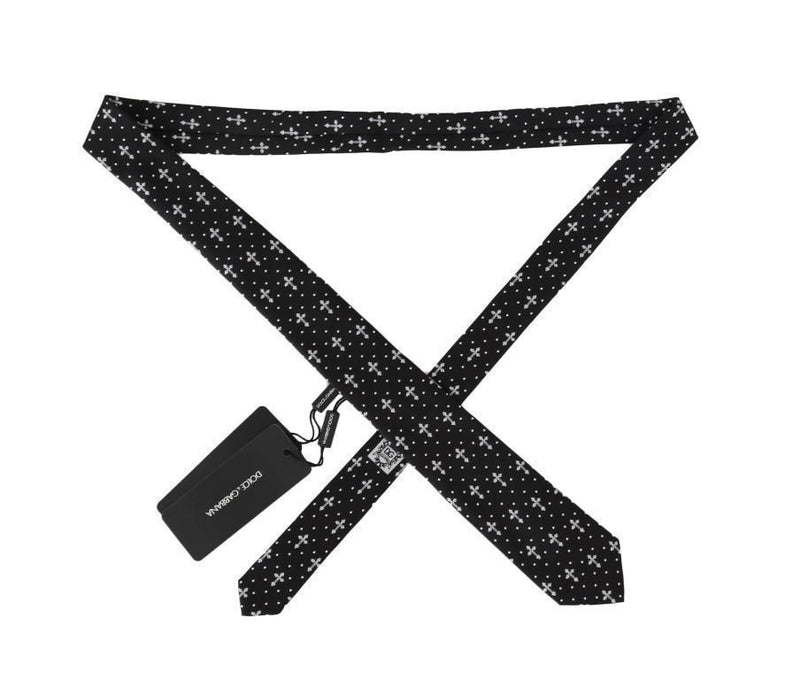 Black Silk White Cross Print Tie