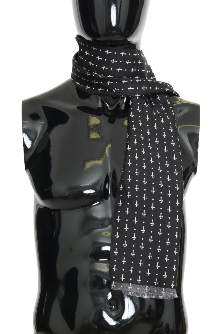 Black Silk White Cross Print Scarf