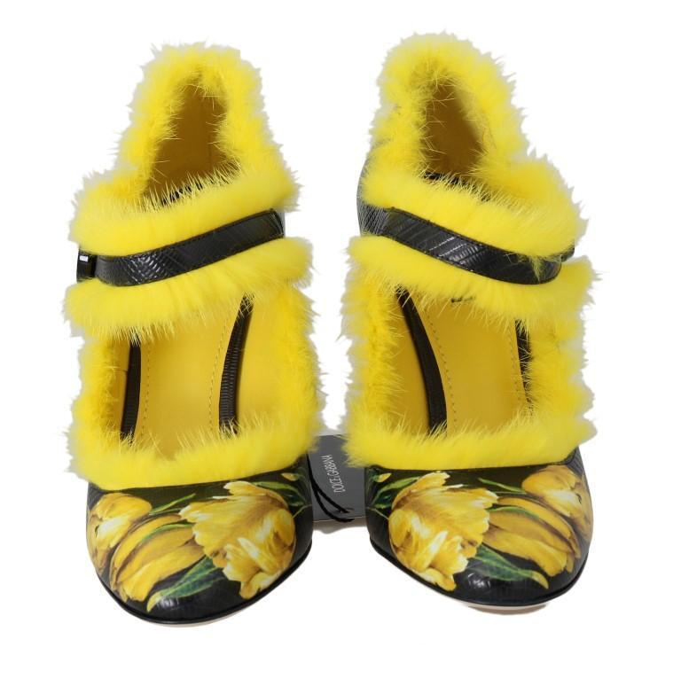 Black Yellow Leather Tulip Mink Fur Pumps
