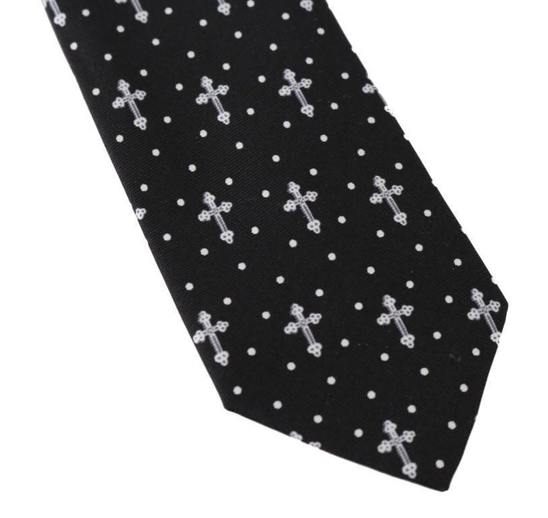 Black Silk White Cross Print Tie