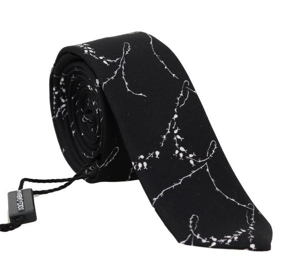 Black Silk Dog-rose Print Slim Tie