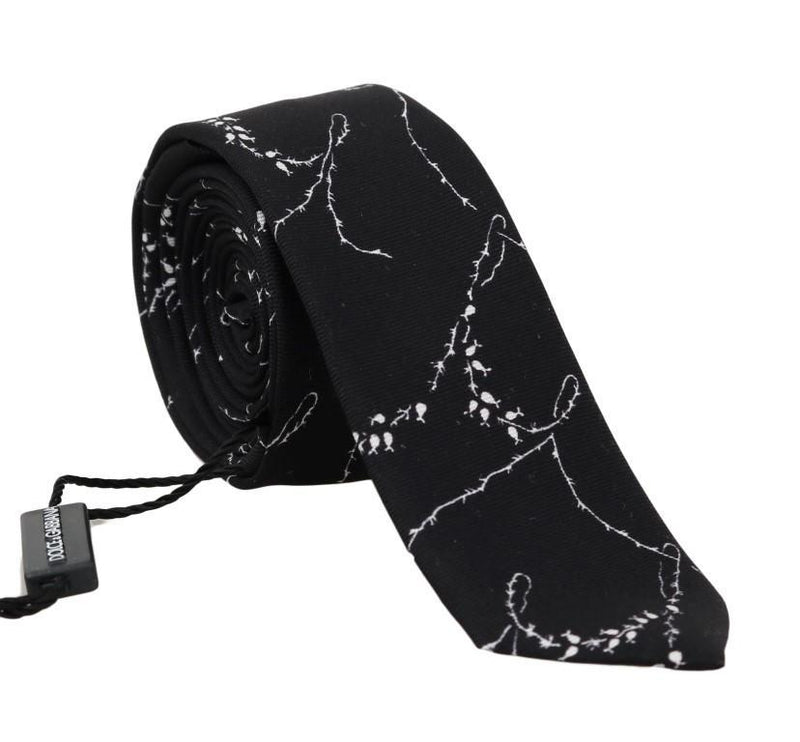 Black Silk Dog-rose Print Slim Tie